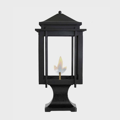 American Gas Lamp Works Craftsman 1100R 8" Weather Green Residential Pier Mount Aluminum Natural Gas Lamp With Dual Inverted Gas Mantle Light Assembly, Flat Tempered Glass Panes and Small Ball Finial