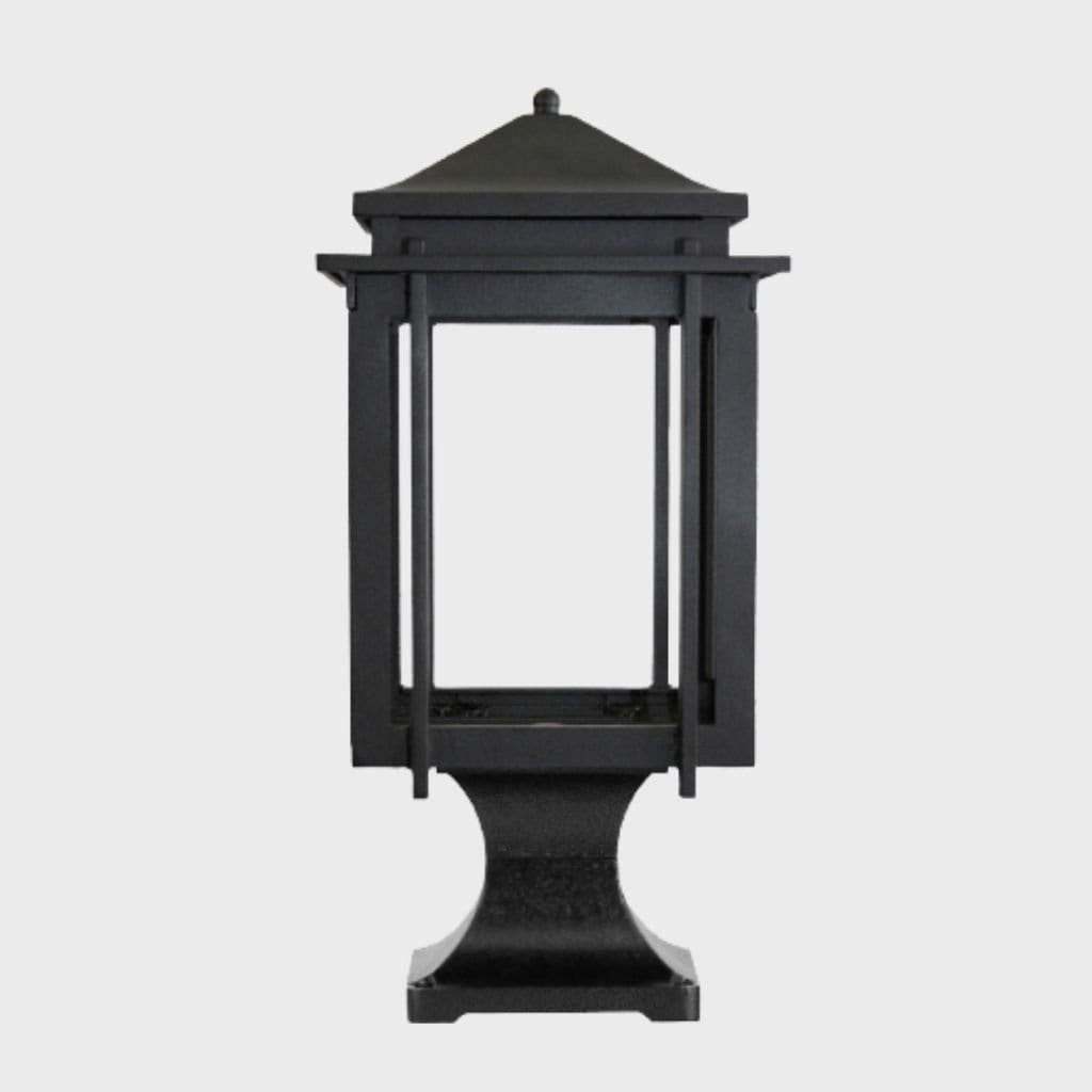 American Gas Lamp Works Craftsman 1100R 8" Weather Green Residential Pier Mount Aluminum Natural Gas Lamp With Dual Inverted Gas Mantle Light Assembly, Flat Tempered Glass Panes and Small Brass Ball Finial