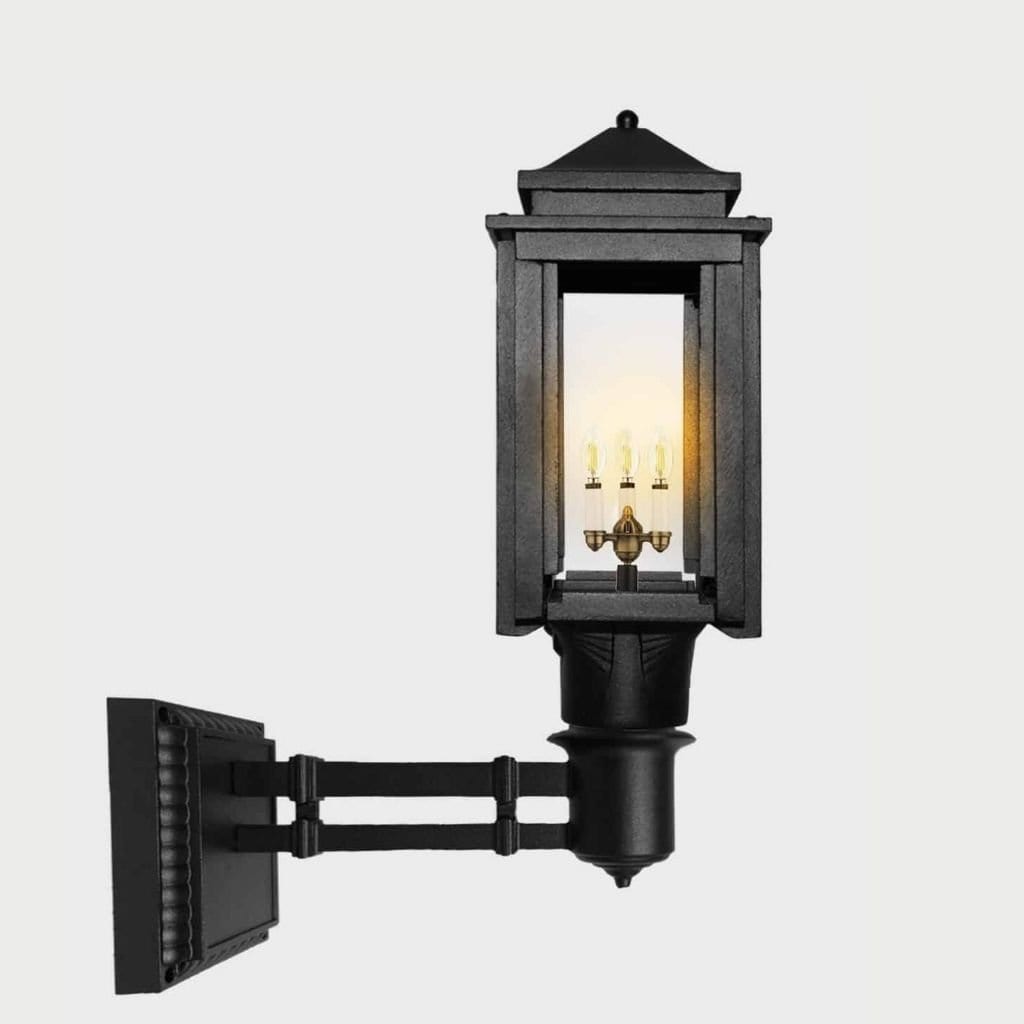 American Gas Lamp Works Craftsman 1100W 16" Timeless Black Residential Wall Mount Aluminum Natural Gas Lamp With Single Upright Gas Mantle Light Assembly, Flat Tempered Glass Panes and Fleur De Lis Finial