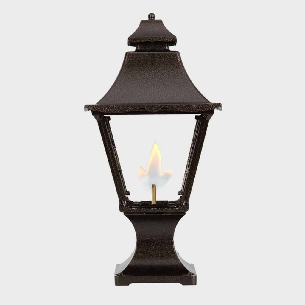 American Gas Lamp Works Essex 1900R 11" Noble Bronze Residential Pier Mount Aluminum Propane Gas Lamp With Dual Inverted Gas Mantle Light Assembly, Flat Tempered Glass Panes and Brass Plated Acorn Finial