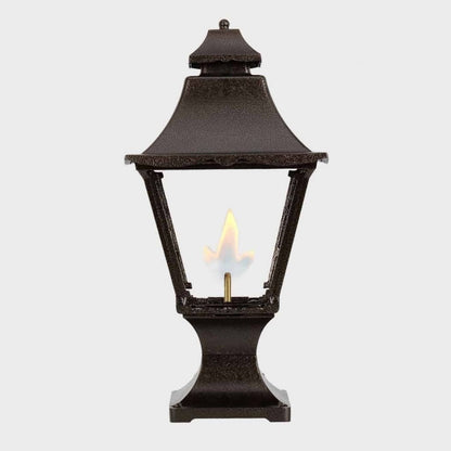 American Gas Lamp Works Essex 1900R 11" White Residential Pier Mount Aluminum Propane Gas Lamp With Triple Inverted Gas Mantle Light Assembly, Flat Tempered Glass Panes and Loop Finial