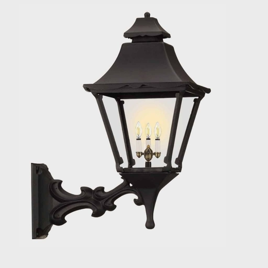 American Gas Lamp Works Essex 1900W 17" Timeless Black Residential Wall Mount Aluminum Propane Gas Lamp With Dual Inverted Gas Mantle Light Assembly, Flat Tempered Glass Panes and Brass Loop Finial