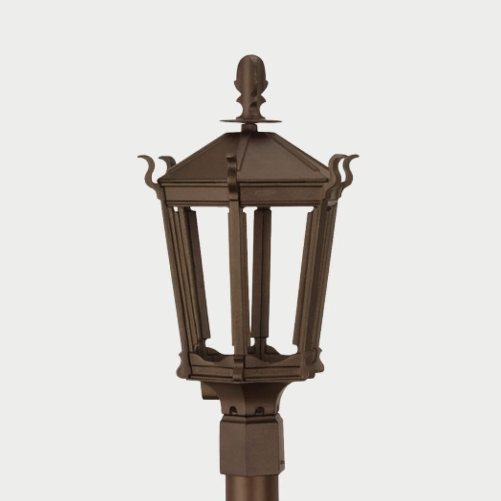 American Gas Lamp Works Gothic 2900H 14" Weather Green Residential Post Mount Aluminum Propane Gas Lamp With Triple Inverted Gas Mantle Light Assembly, Flat Tempered Glass Panes and Acorn Finial