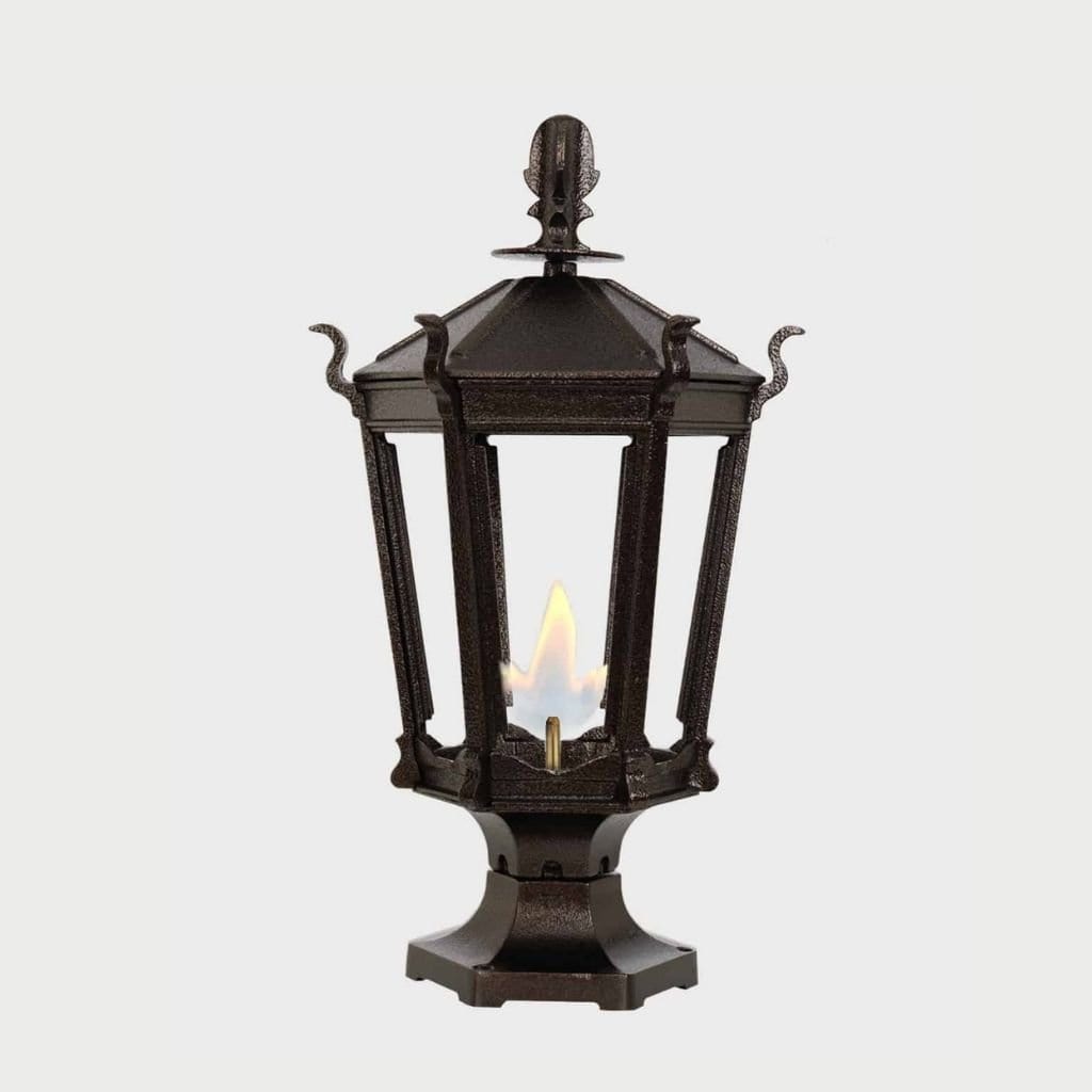 American Gas Lamp Works Gothic 2900R 14" Timeless Black Residential Pier Mount Aluminum Natural Gas Lamp With Triple Inverted Gas Mantle Light Assembly, Flat Tempered Glass Panes and Brass Urn Finial