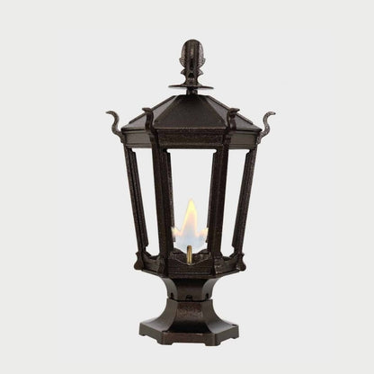 American Gas Lamp Works Gothic 2900R 14" Weather Green Residential Pier Mount Aluminum Natural Gas Lamp With Single Open Flame Burner With Electric Igniter Light Assembly, Beveled Tempered Glass Panes and Small Brass Ball Finial