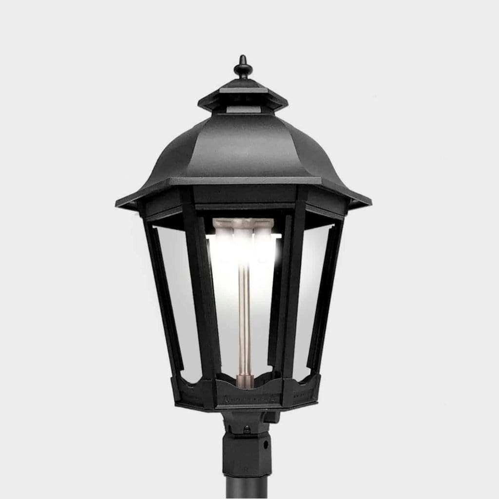American Gas Lamp Works Grand Bavarian 3200H 20" Mid-Size Weather Green Post Mount Aluminum Propane Gas Lamp With Triple Inverted Gas Mantle Light Assembly, Flat Tempered Glass Panes and Small Brass Ball Finial
