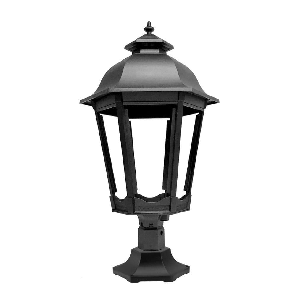 American Gas Lamp Works Grand Bavarian 3200R 20" Mid-Size Noble Bronze Pier Mount Aluminum Propane Gas Lamp With Single Upright Gas Mantle Light Assembly, Flat Tempered Glass Panes and Fleur De Lis Finial