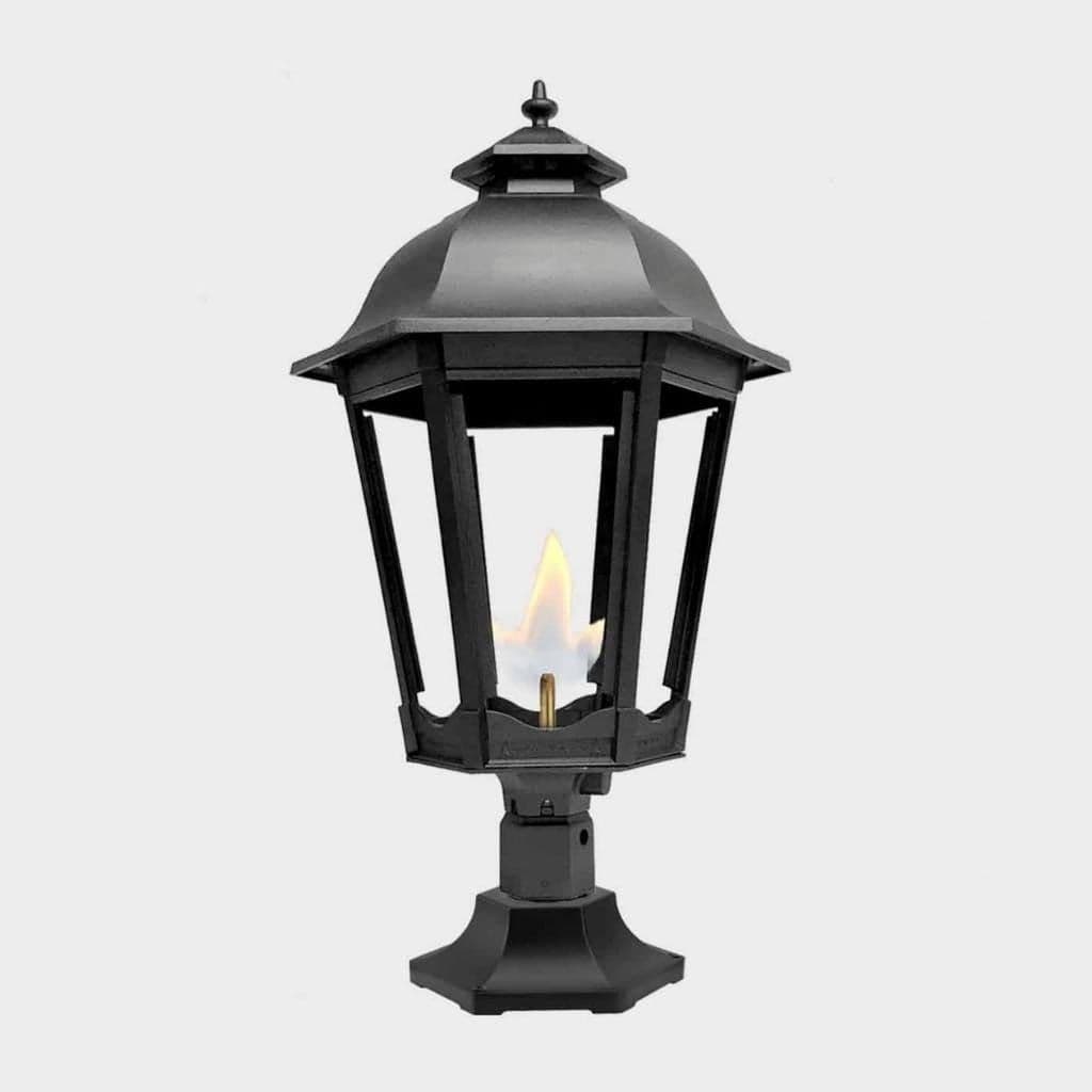 American Gas Lamp Works Grand Bavarian 3200R 20" Mid-Size Noble Bronze Pier Mount Aluminum Propane Gas Lamp With Single Upright Gas Mantle Light Assembly, Flat Tempered Glass Panes and Fleur De Lis Finial
