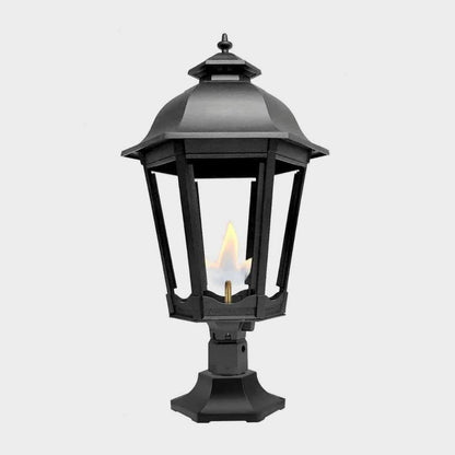 American Gas Lamp Works Grand Bavarian 3200R 20" Mid-Size Noble Bronze Pier Mount Aluminum Propane Gas Lamp With Single Upright Gas Mantle Light Assembly, Flat Tempered Glass Panes and Fleur De Lis Finial