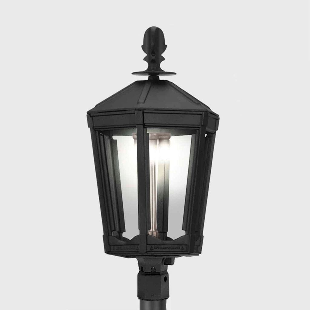 American Gas Lamp Works Grand Vienna 3100H 16" Mid-Size Charcoal Gray Post Mount Aluminum Propane Gas Lamp With Single Upright Gas Mantle Light Assembly, Beveled Tempered Glass Panes and Small Brass Ball Finial