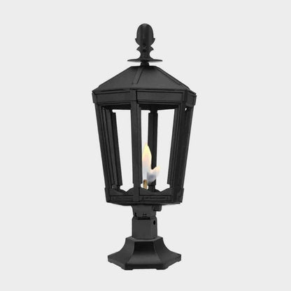 American Gas Lamp Works Grand Vienna 3100R 16" Mid-Size Noble Bronze Pier Mount Aluminum Natural Gas Lamp With Dual Open Flame Burner Light Assembly, Beveled Tempered Glass Panes and Fleur De Lis Finial