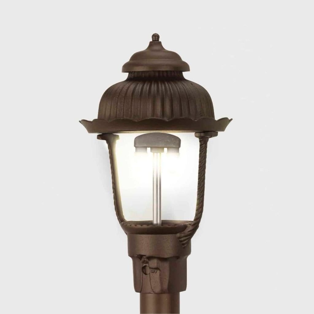American Gas Lamp Works Heritage 1700H 12" White Residential Post Mount Aluminum Propane Gas Lamp With Single Upright Gas Mantle Light Assembly, Clear Glass Globe and Loop Finial