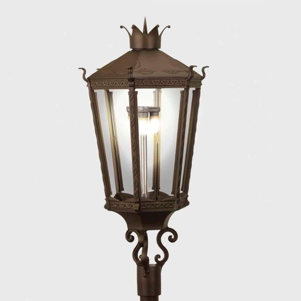 American Gas Lamp Works Kronberg 9000H 22" Weather Green Estate Post Mount Aluminum Natural Gas Lamp With Triple Inverted Gas Mantle Light Assembly, Beveled Tempered Glass Panes and Brass Loop Finial