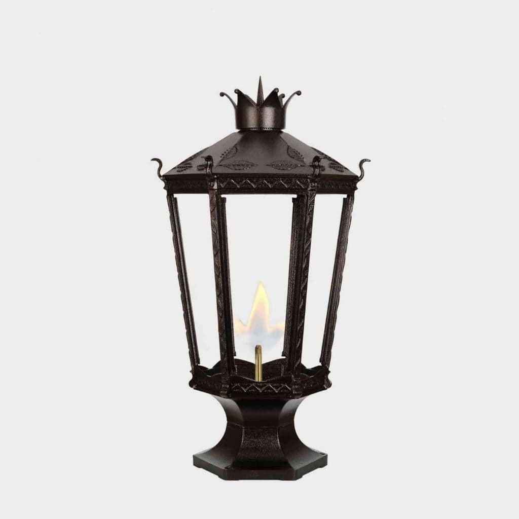 American Gas Lamp Works Kronberg 9000R 22" Charcoal Gray Estate Pier Mount Aluminum Natural Gas Lamp With Triple Inverted Gas Mantle Light Assembly, Beveled Tempered Glass Panes and Brass Loop Finial