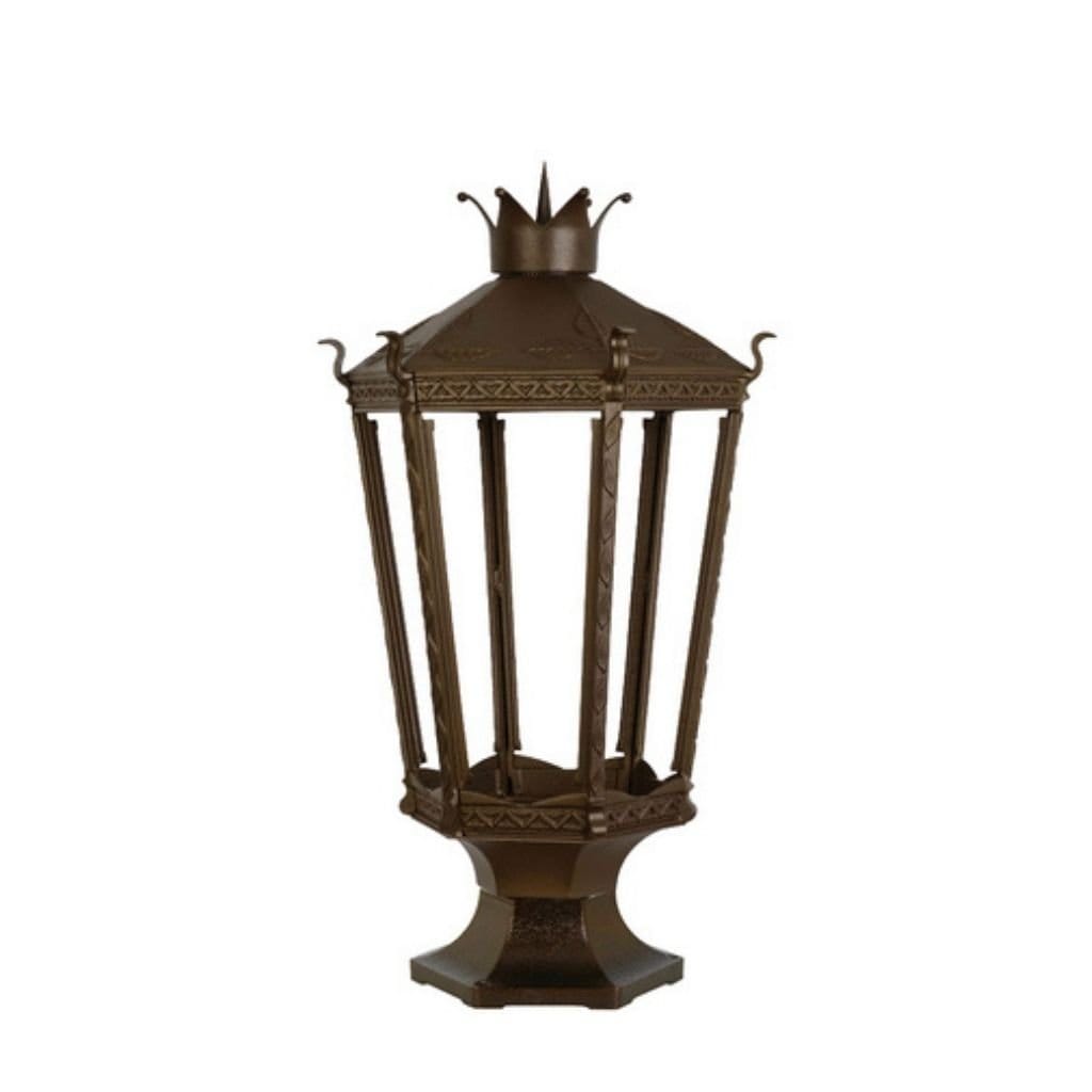 American Gas Lamp Works Kronberg 9000R 22" Nouveau Silver Estate Pier Mount Aluminum Natural Gas Lamp With Triple Open Flame Burner Light Assembly, Beveled Tempered Glass Panes and Brass Urn Finial