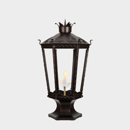 American Gas Lamp Works Kronberg 9000R 22" Weather Green Estate Pier Mount Aluminum Natural Gas Lamp With Single Open Flame Burner With Electric Igniter Light Assembly, Flat Tempered Glass Panes and Universal Finial