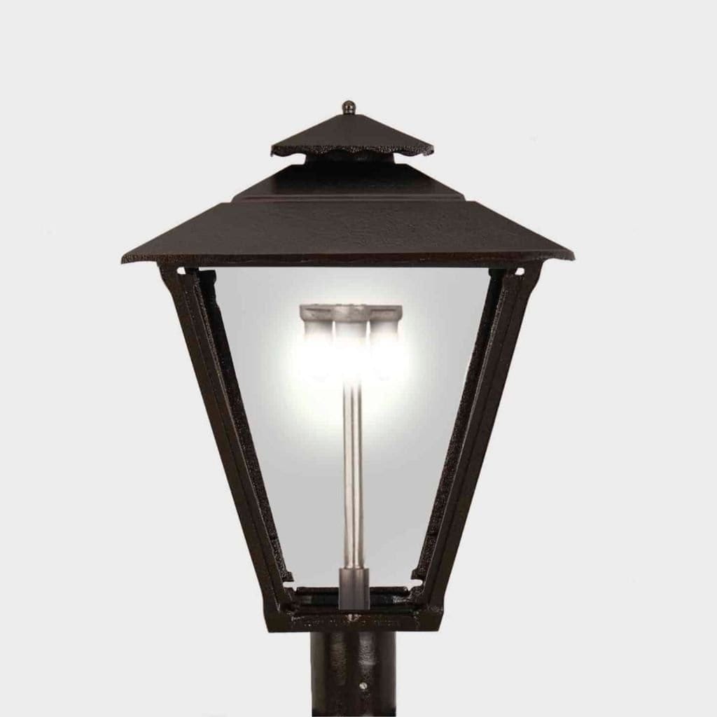 American Gas Lamp Works Old Allegheny 3701H 19" Mid-Size Weather Green Post Mount Aluminum Natural Gas Lamp With Quad Inverted Gas Mantle Light Assembly, Flat Tempered Glass Panes and Small Brass Ball Finial