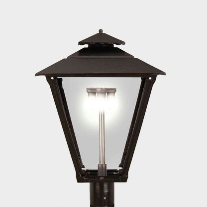 American Gas Lamp Works Old Allegheny 3701H 19" Mid-Size Weather Green Post Mount Aluminum Natural Gas Lamp With Quad Inverted Gas Mantle Light Assembly, Flat Tempered Glass Panes and Small Brass Ball Finial