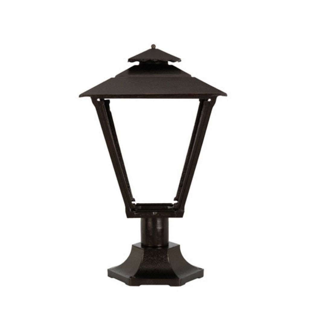 American Gas Lamp Works Old Allegheny 3701R 19" Mid-Size Noble Bronze Pier Mount Aluminum Natural Gas Lamp With Quad Inverted Gas Mantle Light Assembly, Flat Tempered Glass Panes and Brass Plated Acorn Finial