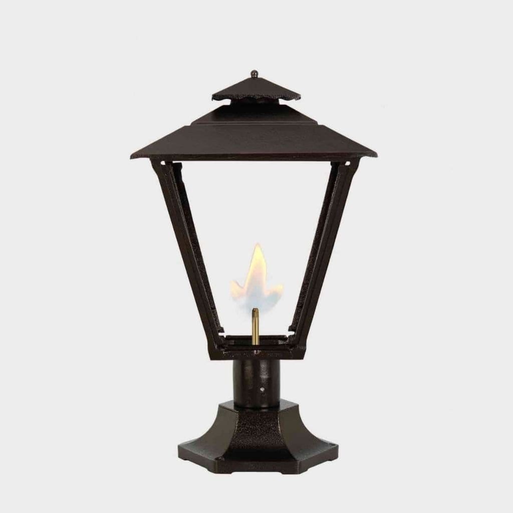 American Gas Lamp Works Old Allegheny 3701R 19" Mid-Size Noble Bronze Pier Mount Aluminum Natural Gas Lamp With Quad Inverted Gas Mantle Light Assembly, Flat Tempered Glass Panes and Brass Plated Acorn Finial