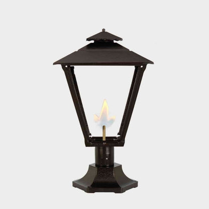 American Gas Lamp Works Old Allegheny 3701R 19" Mid-Size Weather Green Pier Mount Aluminum Propane Gas Lamp With Quad Inverted Gas Mantle Light Assembly, Flat Tempered Glass Panes and Small Cast Acorn Finial