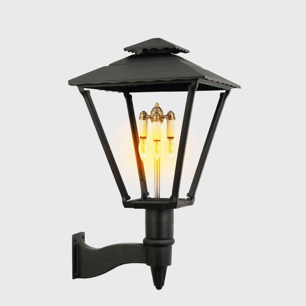 American Gas Lamp Works Old Allegheny 3701W 21" Mid-Size Noble Bronze Wall Mount Aluminum Natural Gas Lamp With Triple Inverted Gas Mantle Light Assembly, Beveled Tempered Glass Panes and Brass Plated Acorn Finial