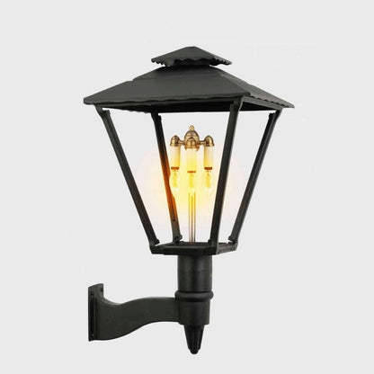 American Gas Lamp Works Old Allegheny 3701W 21" Mid-Size Noble Bronze Wall Mount Aluminum Propane Gas Lamp With Quad Inverted Gas Mantle Light Assembly, Flat Tempered Glass Panes and Brass Plated Acorn Finial