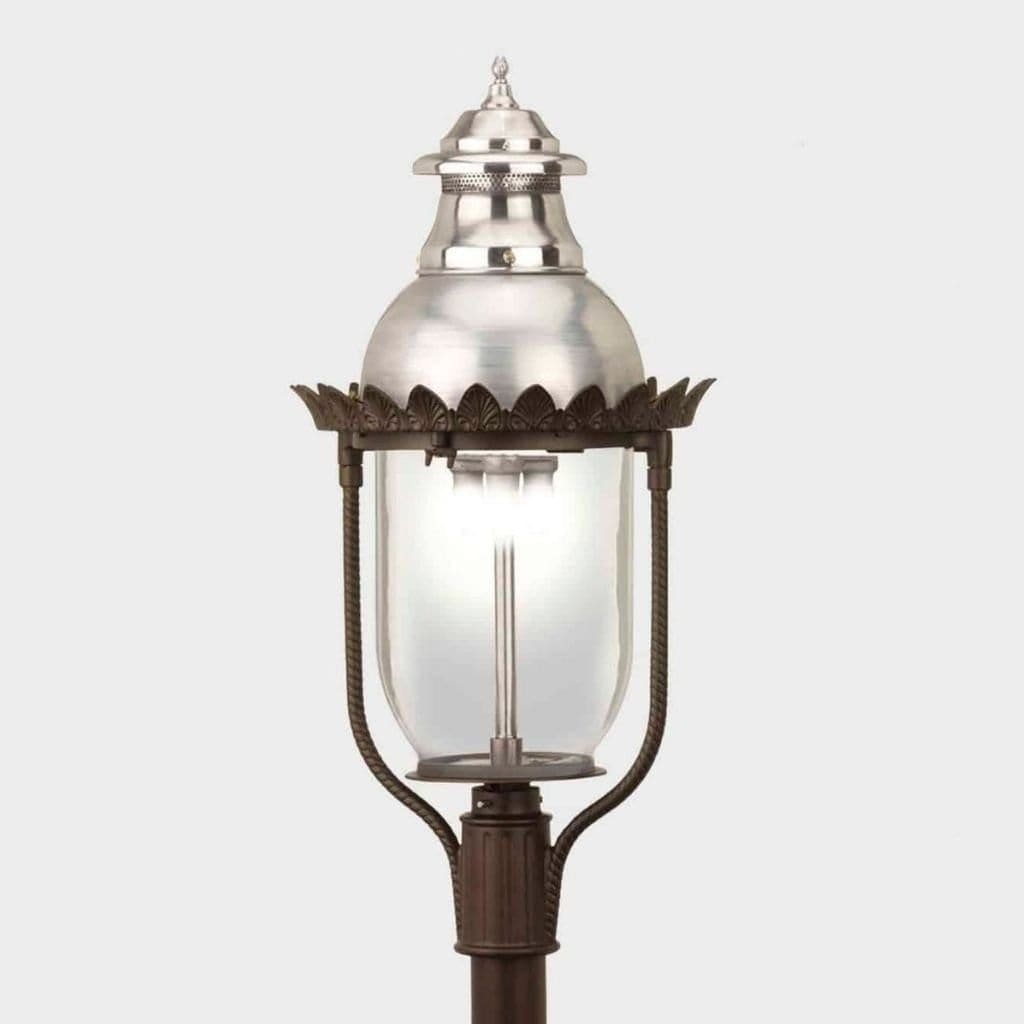 American Gas Lamp Works Victorian 4200H 17" Mid-Size Weather Green Post Mount Aluminum Natural Gas Lamp With Triple Inverted Gas Mantle Light Assembly, Milk Glass Globe, Spun Aluminum Ventilator and Milk Glass Dome