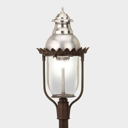 American Gas Lamp Works Victorian 4200H 17" Mid-Size White Post Mount Aluminum Natural Gas Lamp With Single Upright Gas Mantle Light Assembly, Milk Glass Globe, Ventilator and Dome