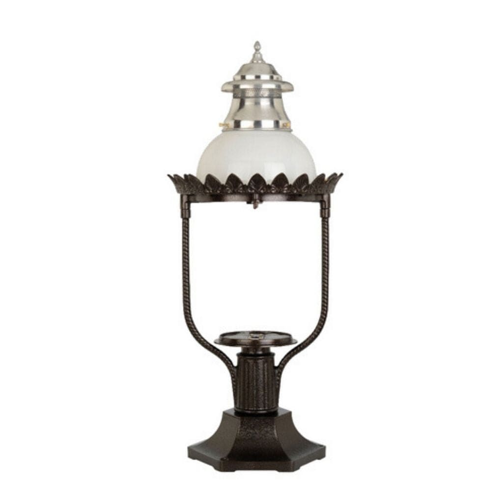 American Gas Lamp Works Victorian 4200R 17" Mid-Size Nouveau Silver Pier Mount Aluminum Natural Gas Lamp With Triple Inverted Gas Mantle Light Assembly, Milk Glass Globe, Spun Aluminum Ventilator and Spun Aluminum Dome