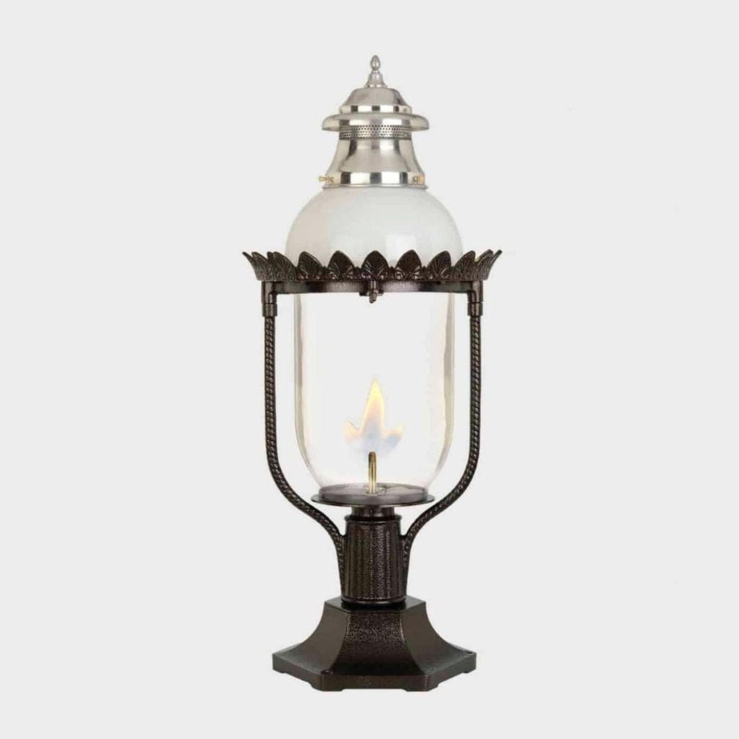 American Gas Lamp Works Victorian 4200R 17" Mid-Size Timeless Black Pier Mount Aluminum Natural Gas Lamp With Dual Inverted Gas Mantle Light Assembly, Clear Glass Globe, Spun Aluminum Ventilator and Milk Glass Dome