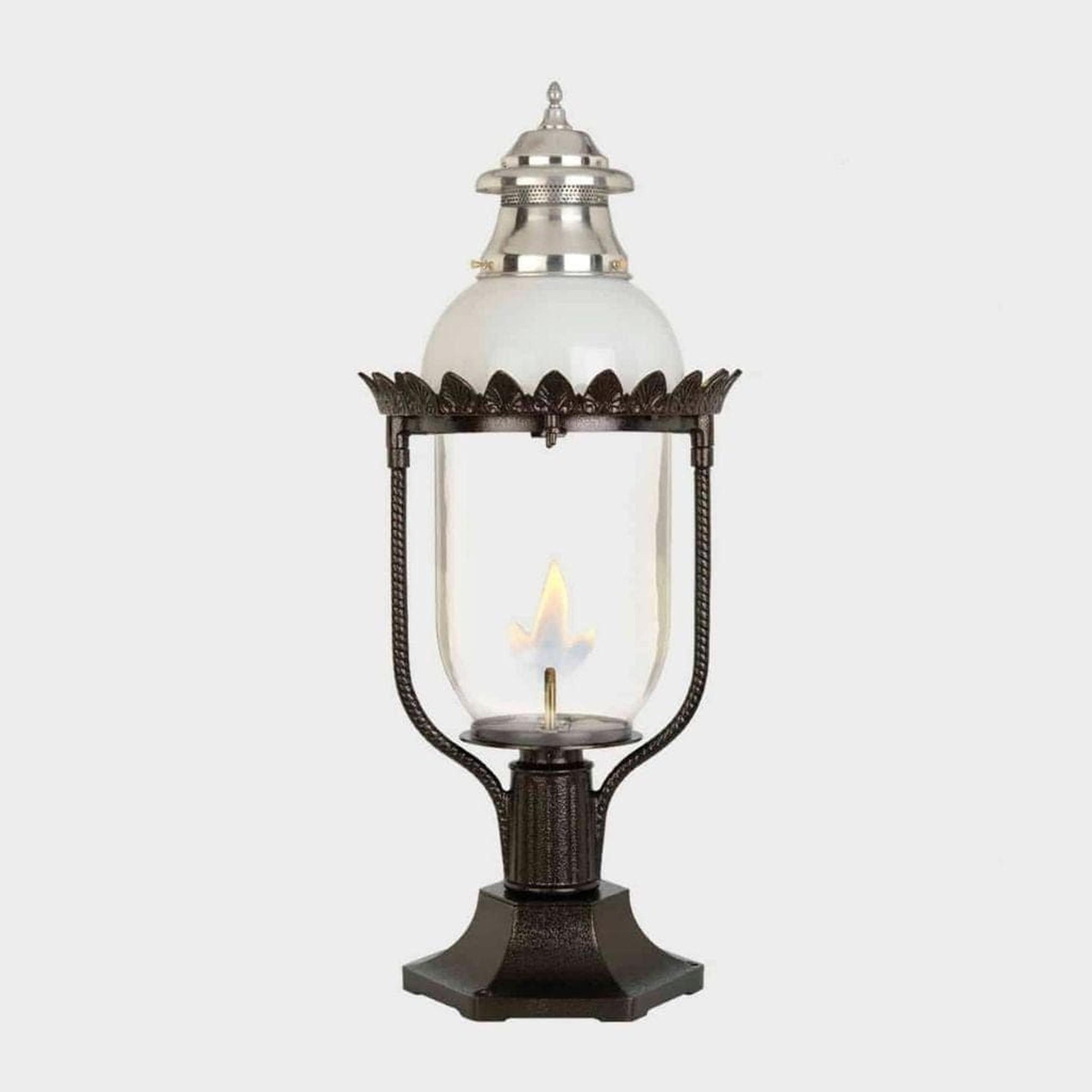 American Gas Lamp Works Victorian 4200R 17" Mid-Size Timeless Black Pier Mount Aluminum Natural Gas Lamp With Dual Inverted Gas Mantle Light Assembly, Clear Glass Globe, Spun Aluminum Ventilator and Milk Glass Dome