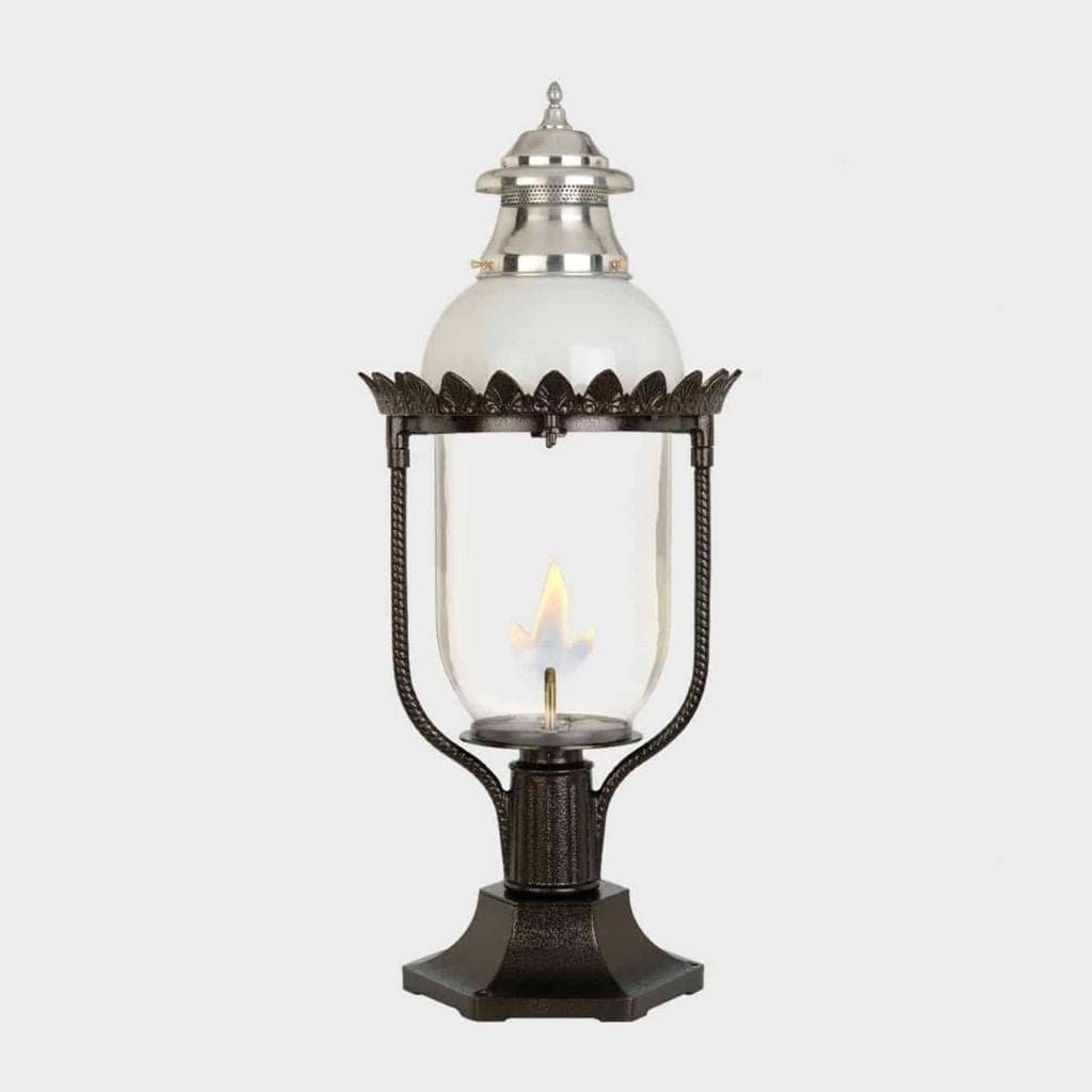 American Gas Lamp Works Victorian 4200R 17" Mid-Size Weather Green Pier Mount Aluminum Natural Gas Lamp With Single Upright Gas Mantle Light Assembly, Clear Glass Globe, Spun Aluminum Ventilator and Milk Glass Dome