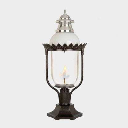 American Gas Lamp Works Victorian 4200R 17" Mid-Size Weather Green Pier Mount Aluminum Natural Gas Lamp With Single Upright Gas Mantle Light Assembly, Clear Glass Globe, Spun Aluminum Ventilator and Milk Glass Dome