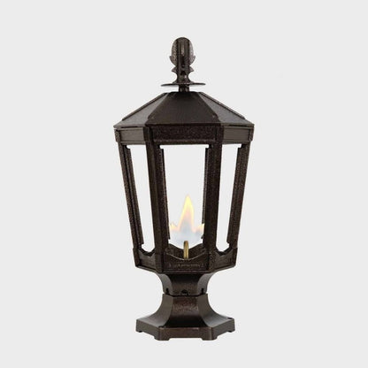 American Gas Lamp Works Vienna 1000R 11" Nouveau Silver Residential Pier Mount Aluminum Natural Gas Lamp With Dual Open Flame Burner Light Assembly, Beveled Tempered Glass Panes and Acorn Finial