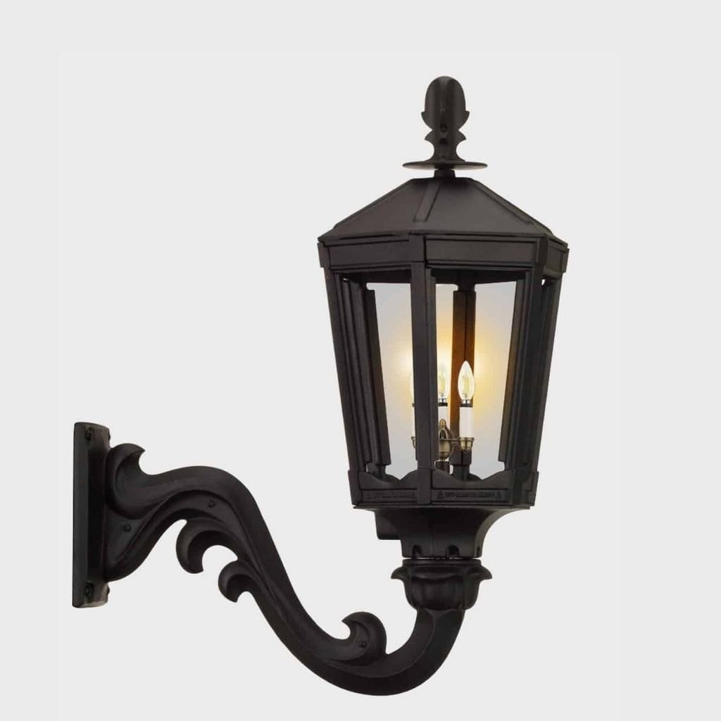 American Gas Lamp Works Vienna 1000W 20" Timeless Black Residential Wall Mount Aluminum Natural Gas Lamp With Single Upright Gas Mantle Light Assembly, Beveled Tempered Glass Panes and Small Cast Acorn Finial