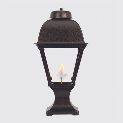 American Gas Lamp Works Washington 2000R 11" Weather Green Residential Pier Mount Aluminum Propane Gas Lamp With Dual Inverted Gas Mantle Light Assembly, Beveled Tempered Glass Panes and Fleur De Lis Finial