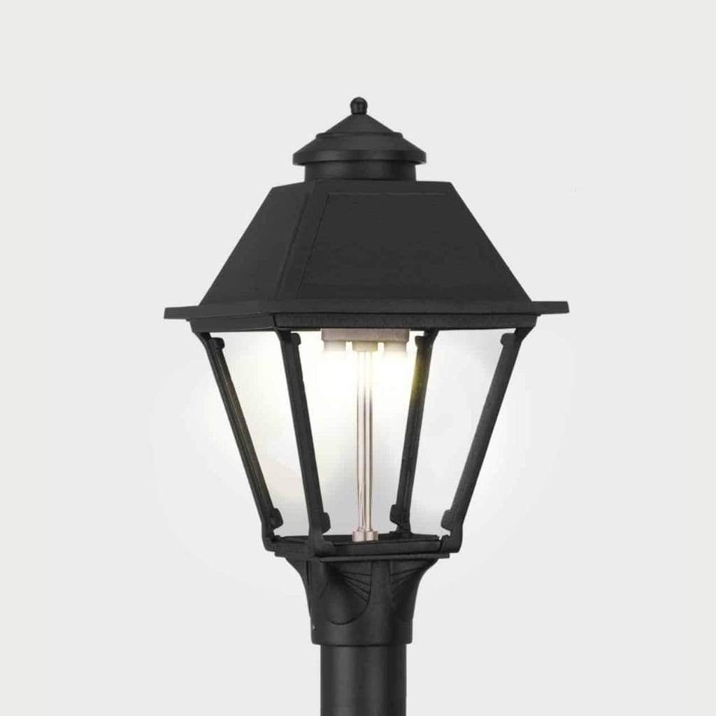 American Gas Lamp Works Westmoreland 2300H 11" Timeless Black Residential Post Mount Aluminum Natural Gas Lamp With Single Open Flame Burner Light Assembly, Beveled Tempered Glass Panes and Fleur De Lis Finial