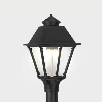 American Gas Lamp Works Westmoreland 2300H 11" Timeless Black Residential Post Mount Aluminum Propane Gas Lamp With Dual Inverted Gas Mantle Light Assembly, Beveled Tempered Glass Panes and Small Cast Acorn Finial