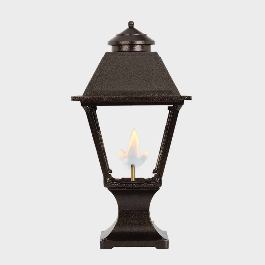 American Gas Lamp Works Westmoreland 2300R 11" Noble Bronze Residential Pier Mount Aluminum Propane Gas Lamp With Single Upright Gas Mantle Light Assembly, Flat Tempered Glass Panes and Bishop Finial