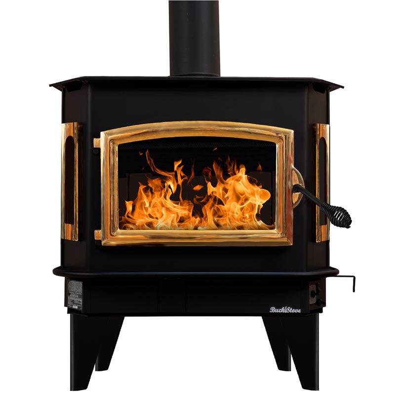 Buck Stove Bay Series Model 81 Non-Catalytic and Blower Assembly Standard Wood Burning Stove With Gold Door Finish