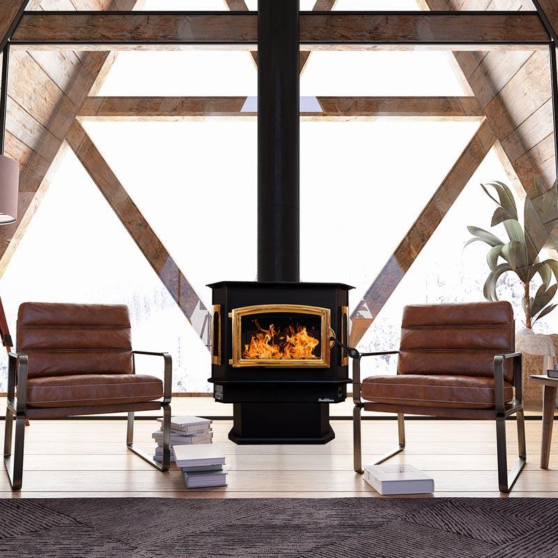 Buck Stove Bay Series Model 81 Non-Catalytic and Blower Assembly Standard Wood Burning Stove With Gold Door Finish