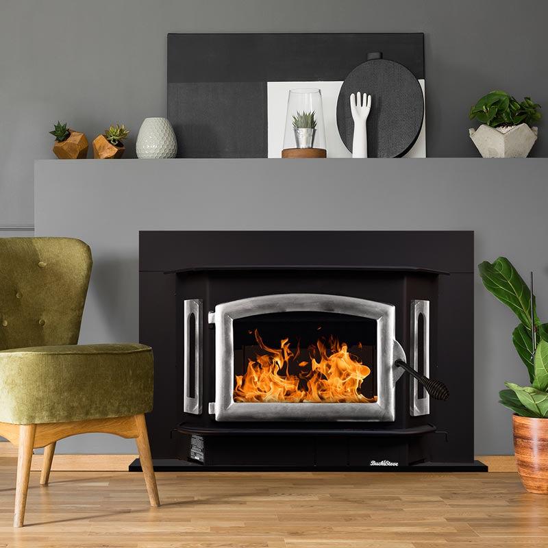 Buck Stove Bay Series Model 81 Non-Catalytic and Blower Assembly Standard Wood Burning Stove With Pewter Door Finish