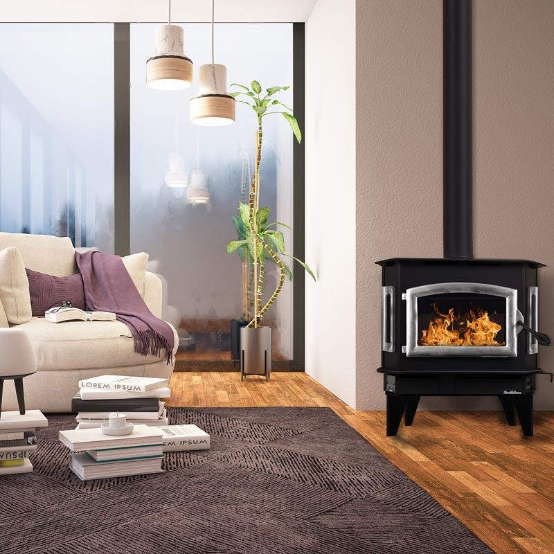 Buck Stove Bay Series Model 81 Non-Catalytic and Blower Assembly Standard Wood Burning Stove With Pewter Door Finish