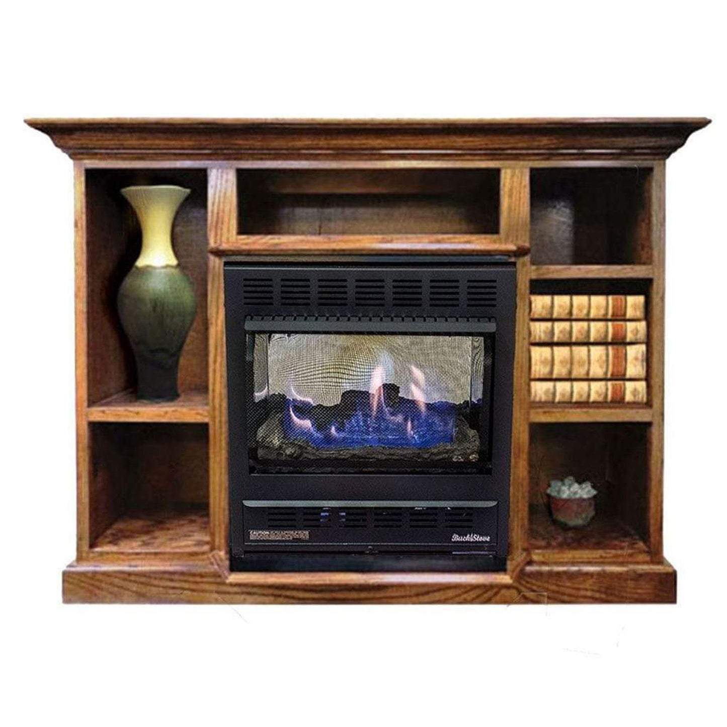 Buck Stove Model 1127 Vent Free Black Natural Gas Stove and Prestige Bookcase Light Oak Mantel Combo