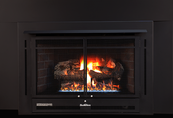 Buck Stove Model 34ZC Manhattan Old Town Red With Weathered Liquid Propane Gas Logs