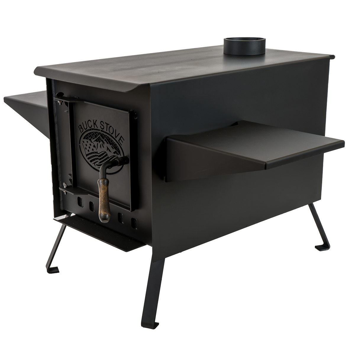 Buck Stove Model Big Buck Black Wood Burning Campstove With Legs, Shelves and 4" Collar