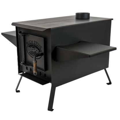 Buck Stove Model Big Buck Black Wood Burning Campstove With Legs, Shelves and 4" Collar