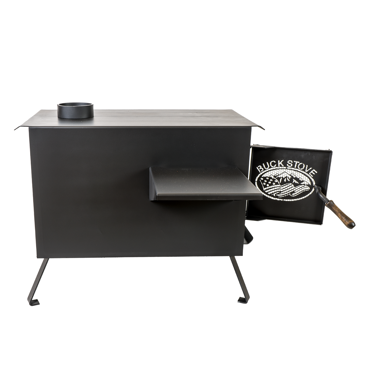 Buck Stove Model Big Buck Black Wood Burning Campstove With Legs, Shelves and 4" Collar