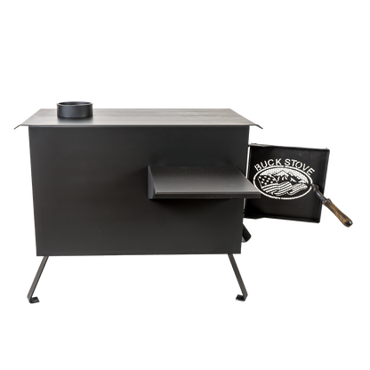 Buck Stove Model Big Buck Black Wood Burning Campstove With Legs, Shelves and 4" Collar